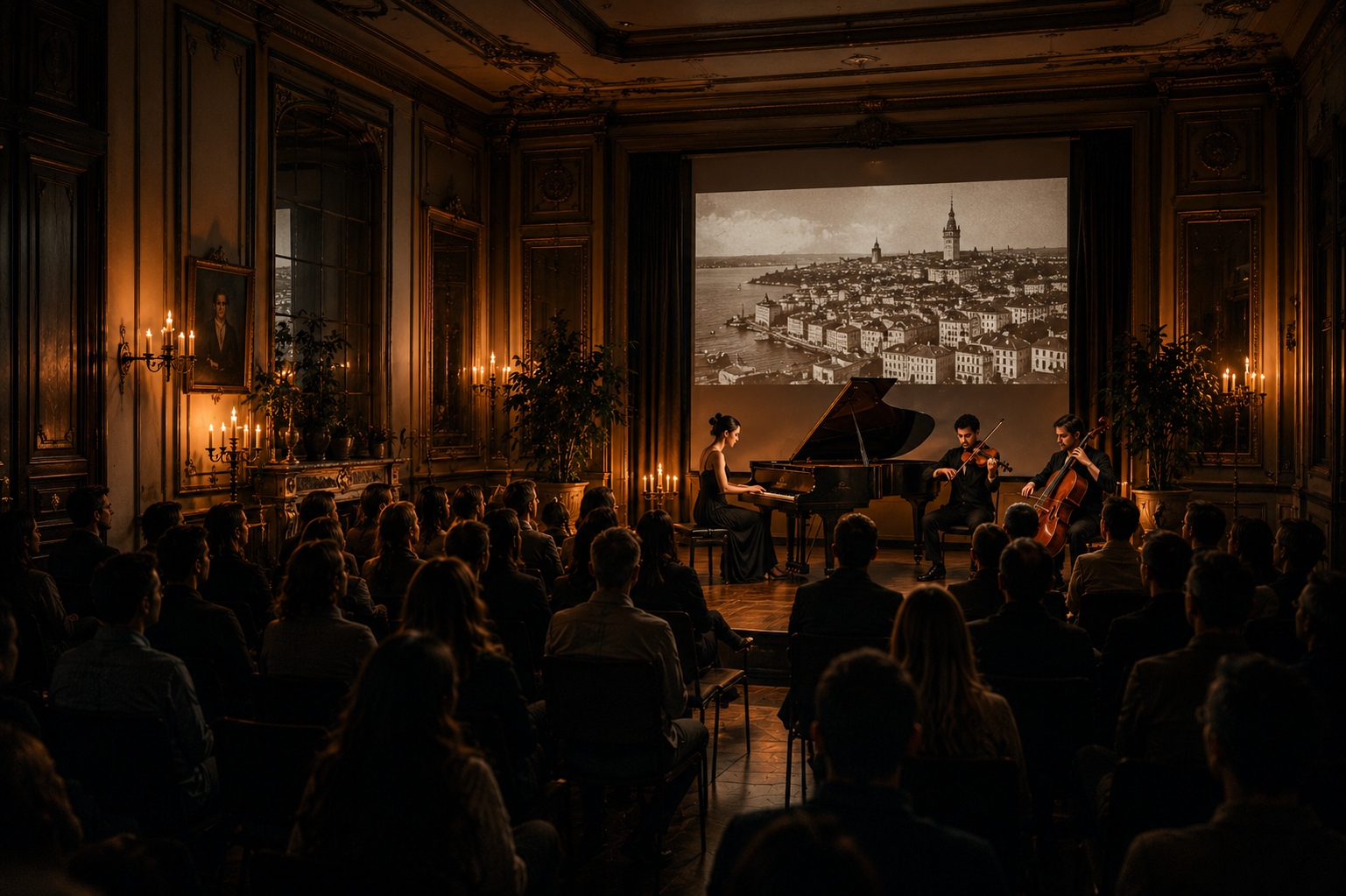 A trio performing for a seated audience in a candlelit hall.