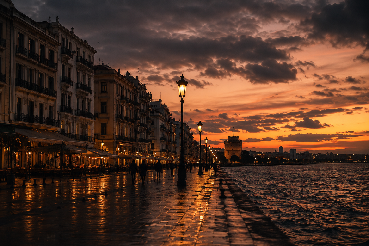 Thessaloniki waterfront at sunset, the White Tower in the distance.